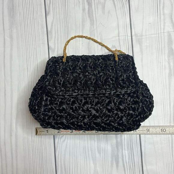 60s Vintage Bloomingdales black raffia purse evening handbag with gold straps - Picture 8 of 9